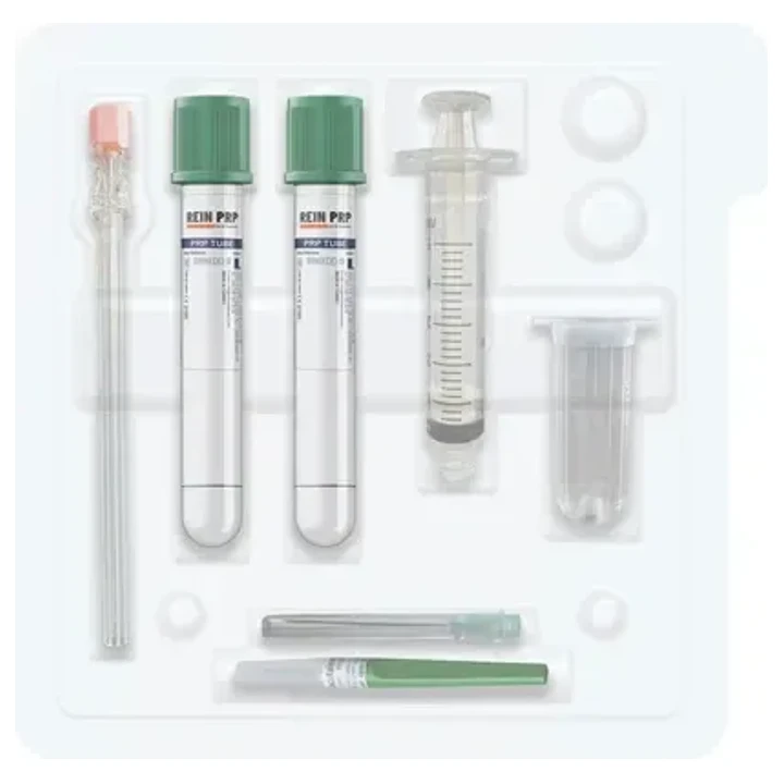 Kit de PRP Tubo 10 ml (2pc) Anticoagulante Citrato de Sodio (1 ml) Jeringa Luer Lock 5ml (1pc) Aguja Espinal 18G 90mm (1pc) Aguja Hipodérmica 21G 0.8x38mm (1pc) + 21G 0.8x40mm (1pc) Sin Activador
